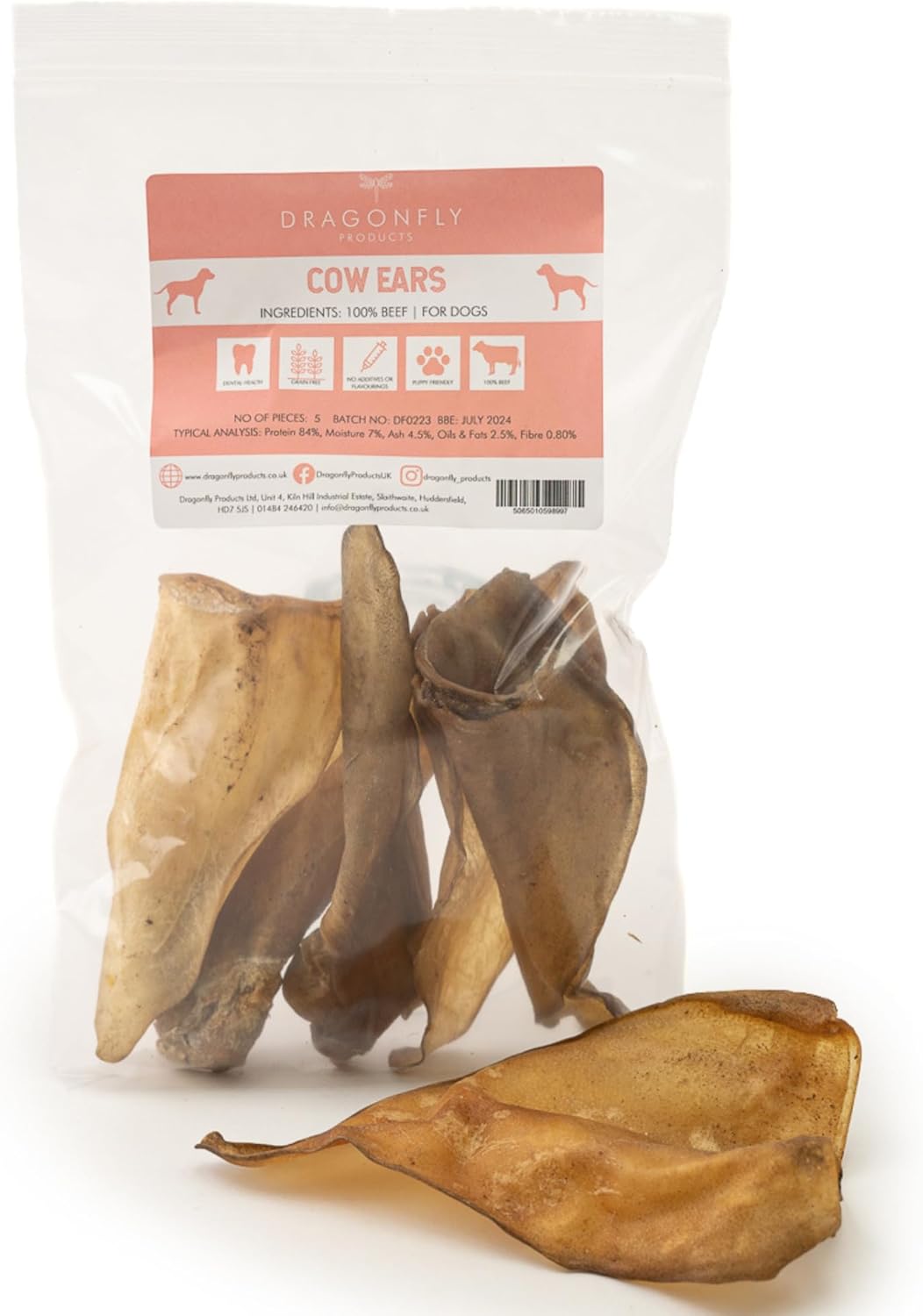 Dragonfly Products - 25 Pieces Air Dried Cows Ears Dog Treats | Natural Grain Free | Hypoallergenic & Low Fat | 100% EU | Dental Health | Gluten Free Whole Beef Ear Chew