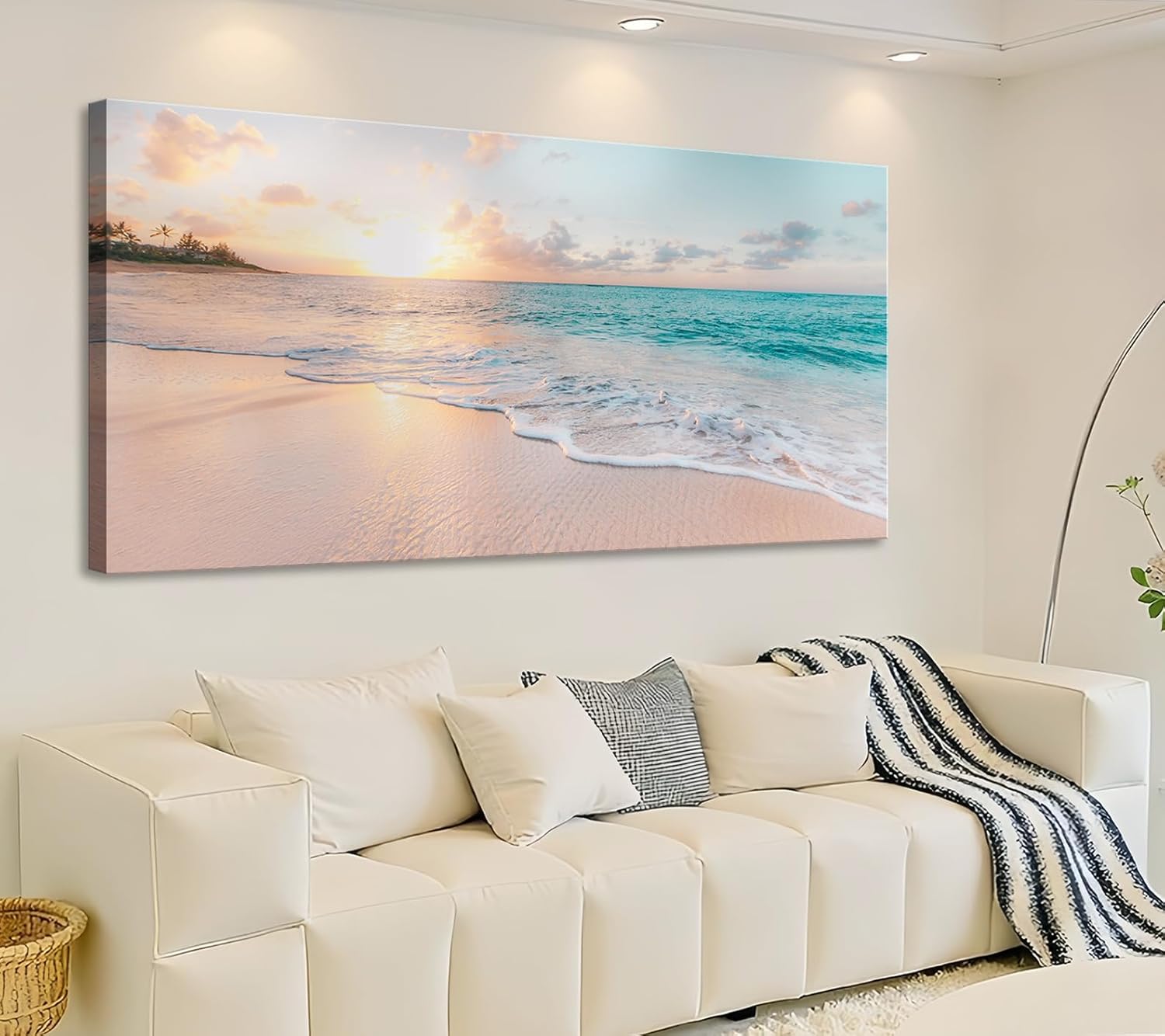 OKEXCKK Beach Canvas Wall Art - Sunset Ocean Picture Green Nature Seascape Painting Print for Kitchen, Bedroom, Living Room Decoration, Large Coastal Artwork Poster for Wall Decor 20"x40"