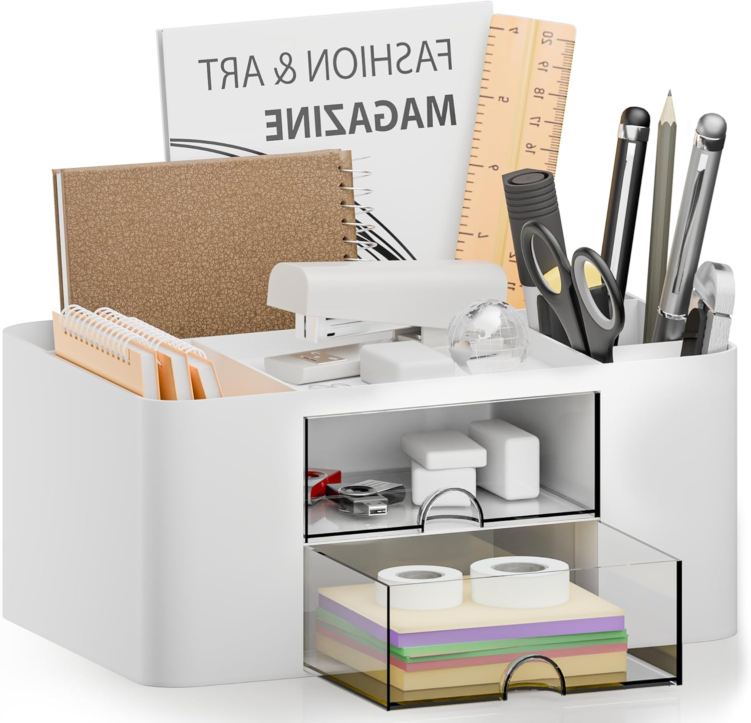CasaCulina Desk Organizer with 2 Drawer, Multi-Functional Pencil Pen Holder for Desk, Plastic Desk Organizers and Storage with 5 Compartments, Desktop Organizer for School Office Art Supplies (White)