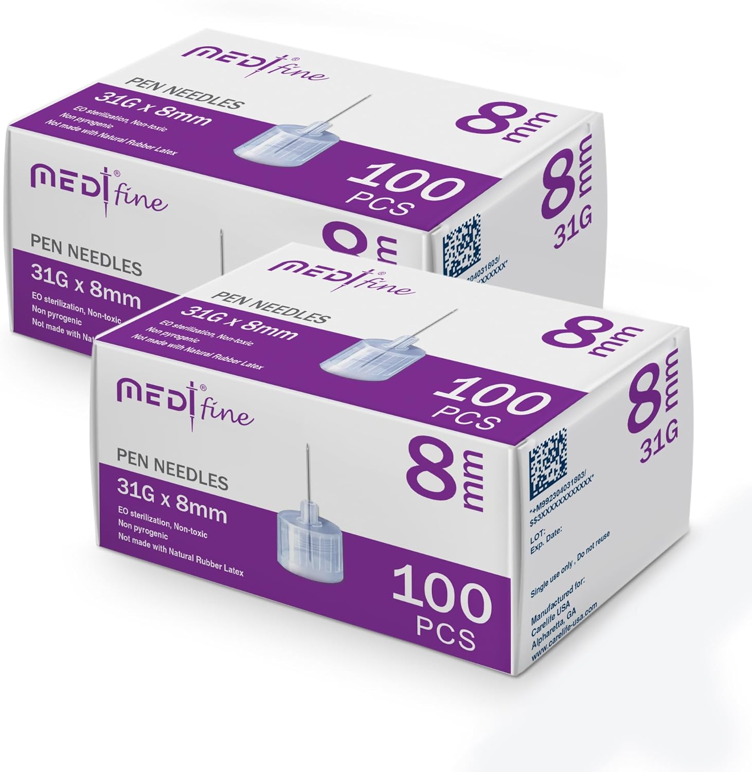 Fine Insulin Pen Needles (31G 8 mm) - Diabetic Needles for Insulin Injections, Ultra Fine Compatible with Most Diabetes Pens - 100 Ct, Pack of 2