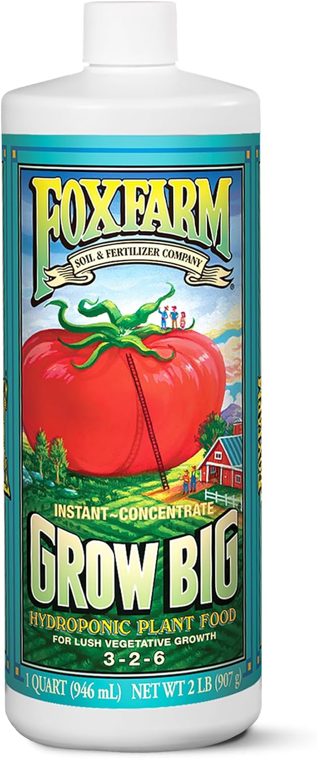 FoxFarm Grow Big Hydro Organic Liquid Fertilizer, Plant Food with Micro Nutrients for Hydroponic Systems - Enhances Vegetative Growth, Flowering, and Fruiting - pH Adjustable, NPK 3-2-6 (Quart)