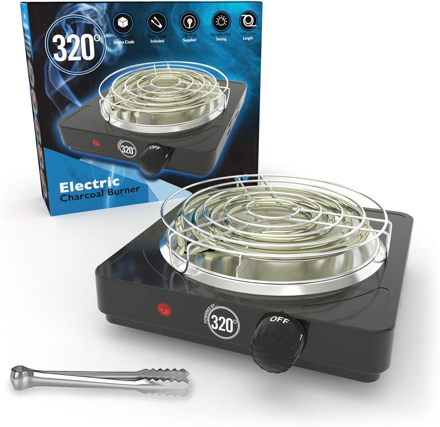 320º Electric Charcoal Burner for Coconut Coal Coil Stove - FULL WARRANTY - Includes Grid & Tongs - 1.4m extra long braided cable