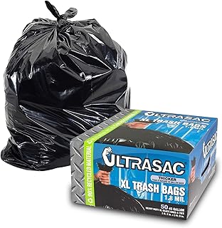 Ultrasac Heavy Duty 45 Gallon Trash Bags Huge 50 Count/w Ties) - 1.8 MIL - 38" x 45" - Large Black Plastic Garbage Bags for Contractor, Industrial, Home, Kitchen, Commercial, Yard, Lawn, Leaf