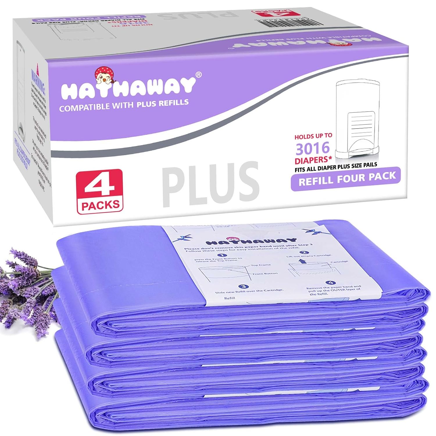 Diaper Pail Refills Increased 30% length Compatible with Dekor Plus Diaper Pails Lavender Scent Holds up to 3016 Diapers (4 Pack)