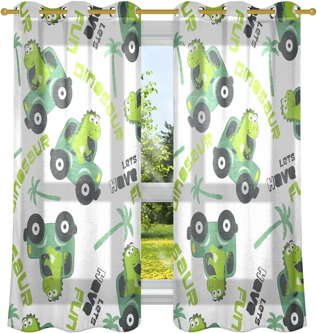 FRODOTGV Cute Dinosaur Driving Car Coconaut Tree Modern Curtains Blackout for Bedroom & Living Room 63 Inch Long Curtains Sheer Curtains 2 Panel Sets