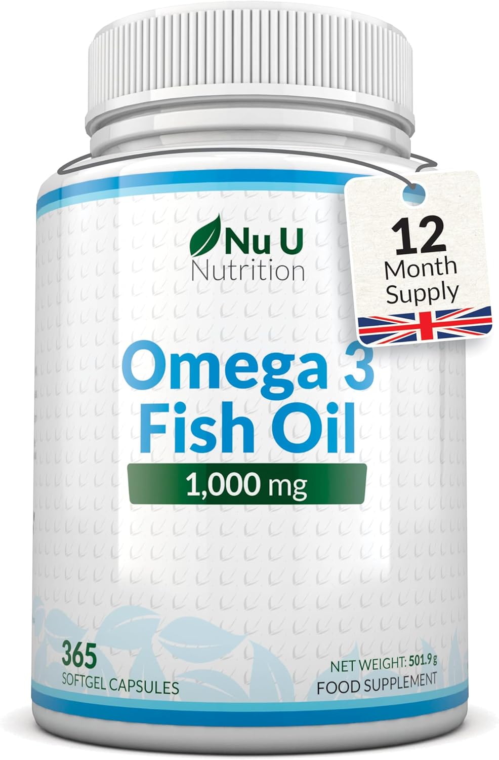 Omega 3 Fish Oil 1000mg - 365 Softgel Capsules - High Strength Source of Omega 3 Fatty Acids with 540mg EPA & 360mg DHA per Serving - Alternative to Cod Liver Oil - Made in The UK - Nu U Nutrition