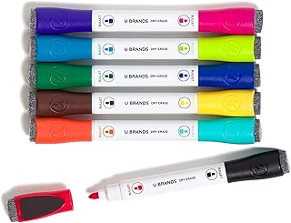 U Brands Magnetic Double-Ended Dry Erase Markers with Erasers, Set of 6, Assorted Colors, Low-Odor, Bullet (3 mm) Point