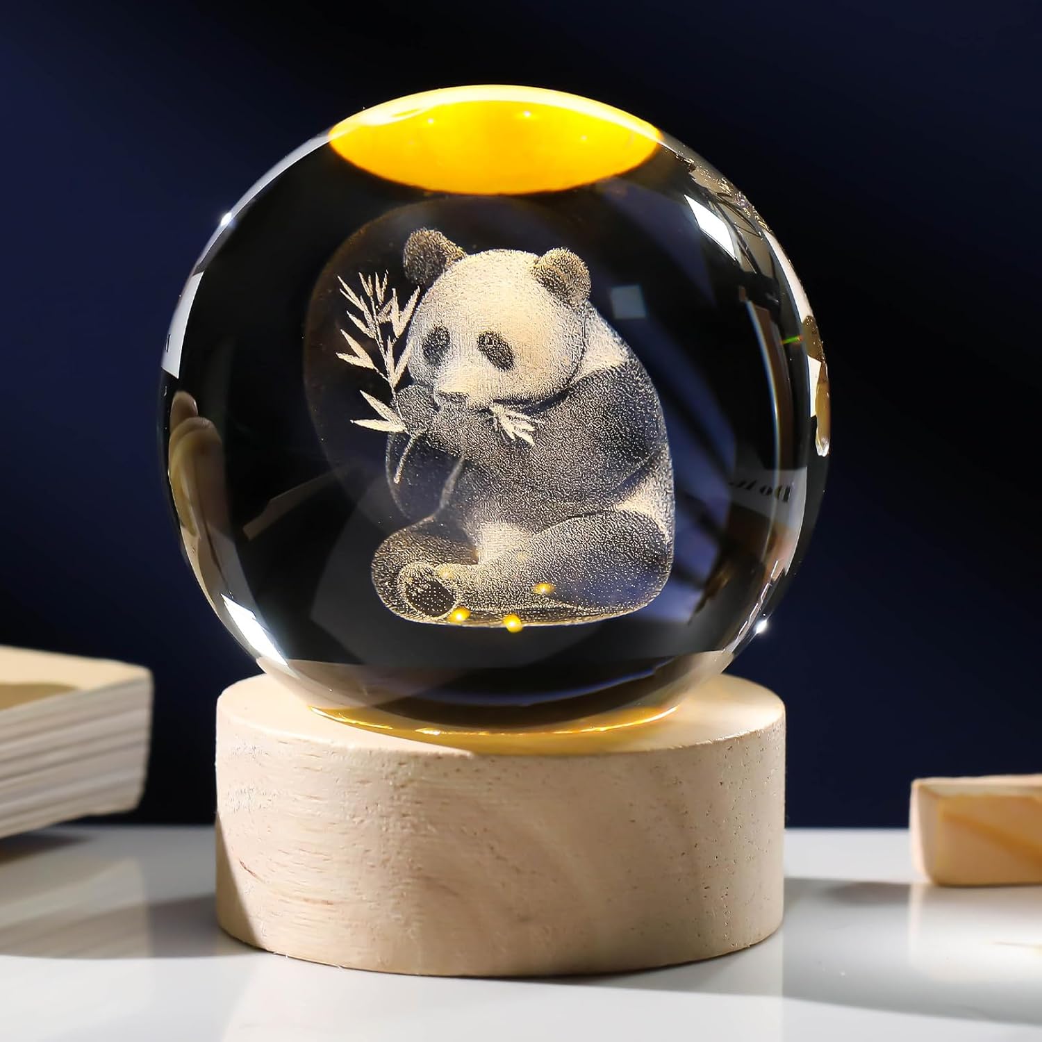 3D Crystal Ball Lamp with Wooden Base, Crystal Panda Figurines Gifts for Girls and Boys, Laser Engraved Panda Glass Ball Night Light and Keepsake Paperweight