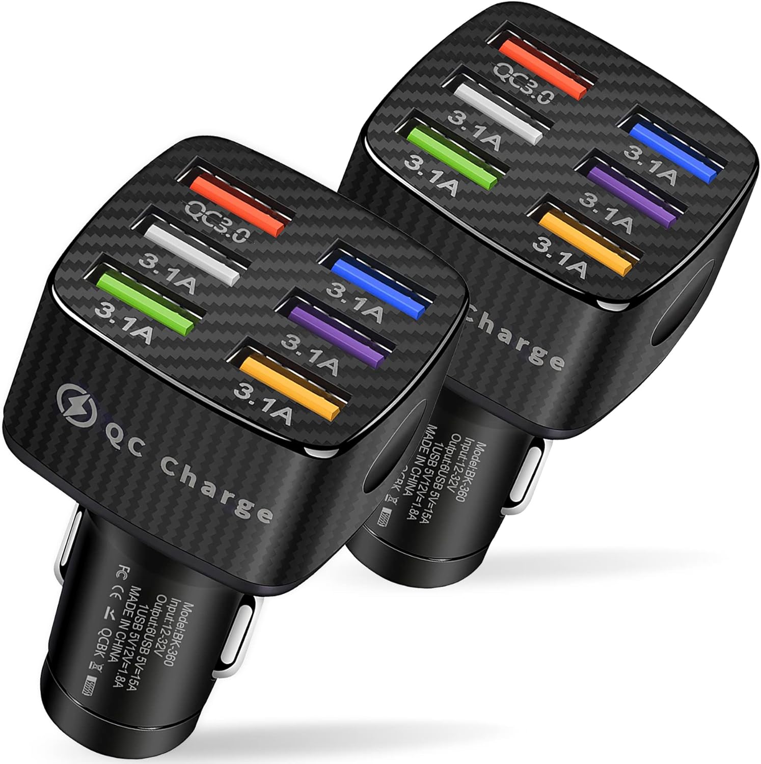 Amiss Car Charger Adapter, 6 USB Multi Port, Fast Charger, Include QC 3.0 and 5 Other Ports, Car Interior Accessories, Fit for iPhone 13/12/11/pro, Samsung Galaxy/Note S10/S9/S8 - Black（2PCS）