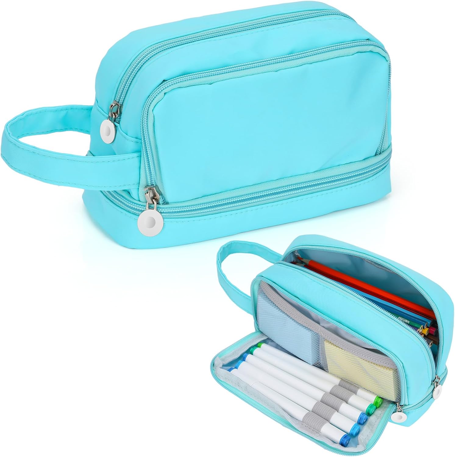 Alyvisun Large Capacity Pencil Case with 3 Compartments for Boys Girls, Desk Stationery Organizer Pencil Pouch with Handle, Portable Pencil Case for School Office Supplies (Blue)