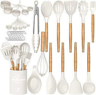 Umite Chef Kitchen Cooking Utensils Set, 33 pcs Non-stick Silicone Cooking Kitchen Utensils Spatula Set with Holder, Wooden Handle Silicone Kitchen Gadgets Utensil Set (Cream White)