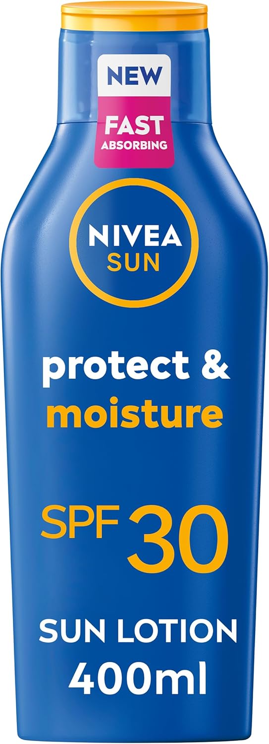 NIVEA SUN Protect & Moisture Sun Cream Lotion SPF 30 (400 ml), Sun Lotion with Vitamin C and Hyaluron, Provides 48H Moisture and Immediate UVA & UVB Protection, Water-Resistant, Leaves No White Cast