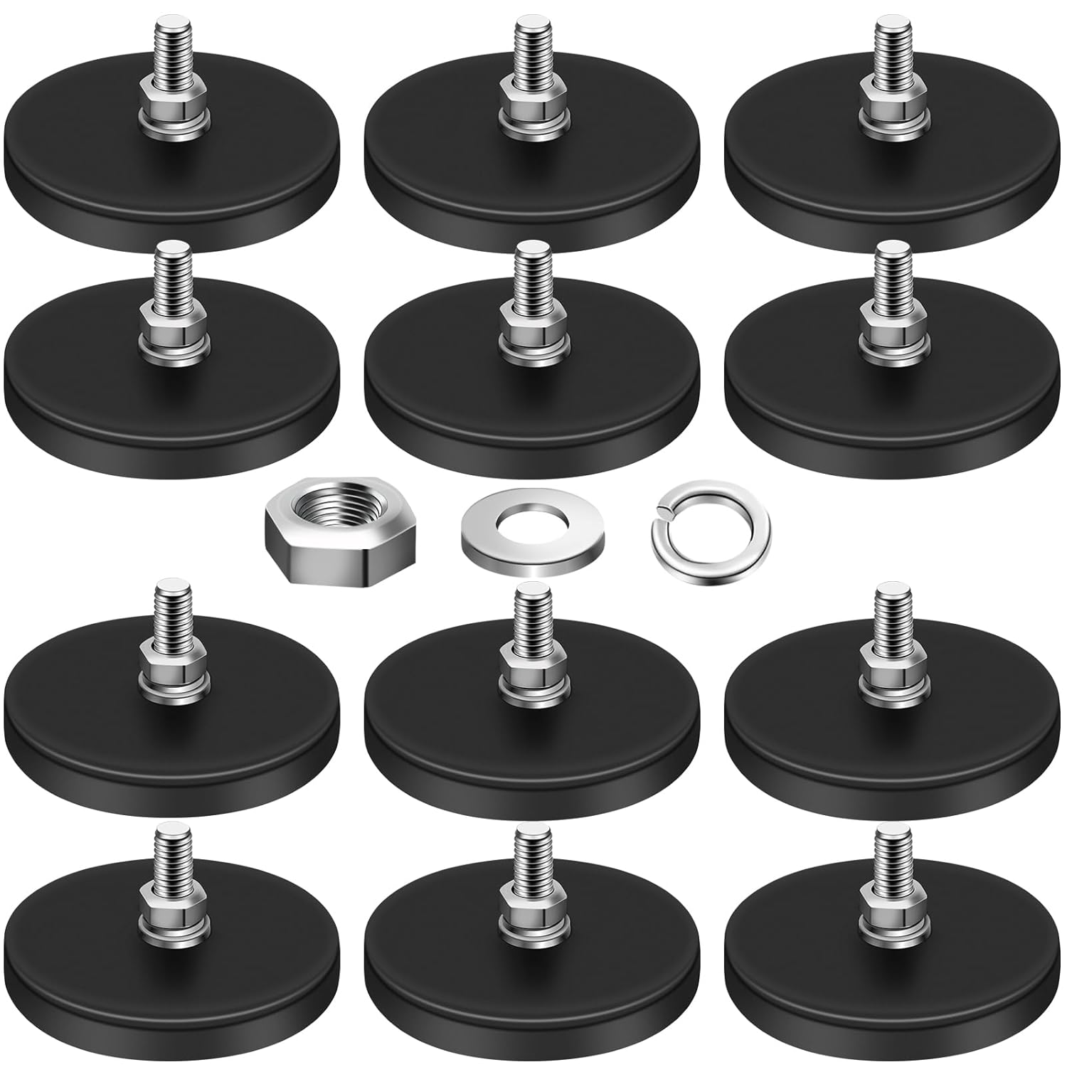 DIYMAG 12Pcs Rubber Coated Magnets, 30LBS Anti-Scratch Neodymium Magnet Base with M5 Threaded Magnet with Bolts and Nuts,Strong Magnets Hold for Light Bar Mirror Camera Tool(12 Pack,1.69 Inch)