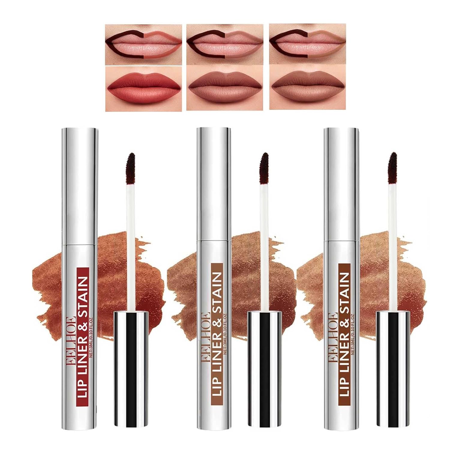 3 Pcs Peel Off Lip Liner Stain, Long Lasting Plumper Peel Off Lip Stain Liner, Highly Pigmented Waterproof, Transfer-proof Lip Tint Stain, Matte Finish (3 Colors, A)