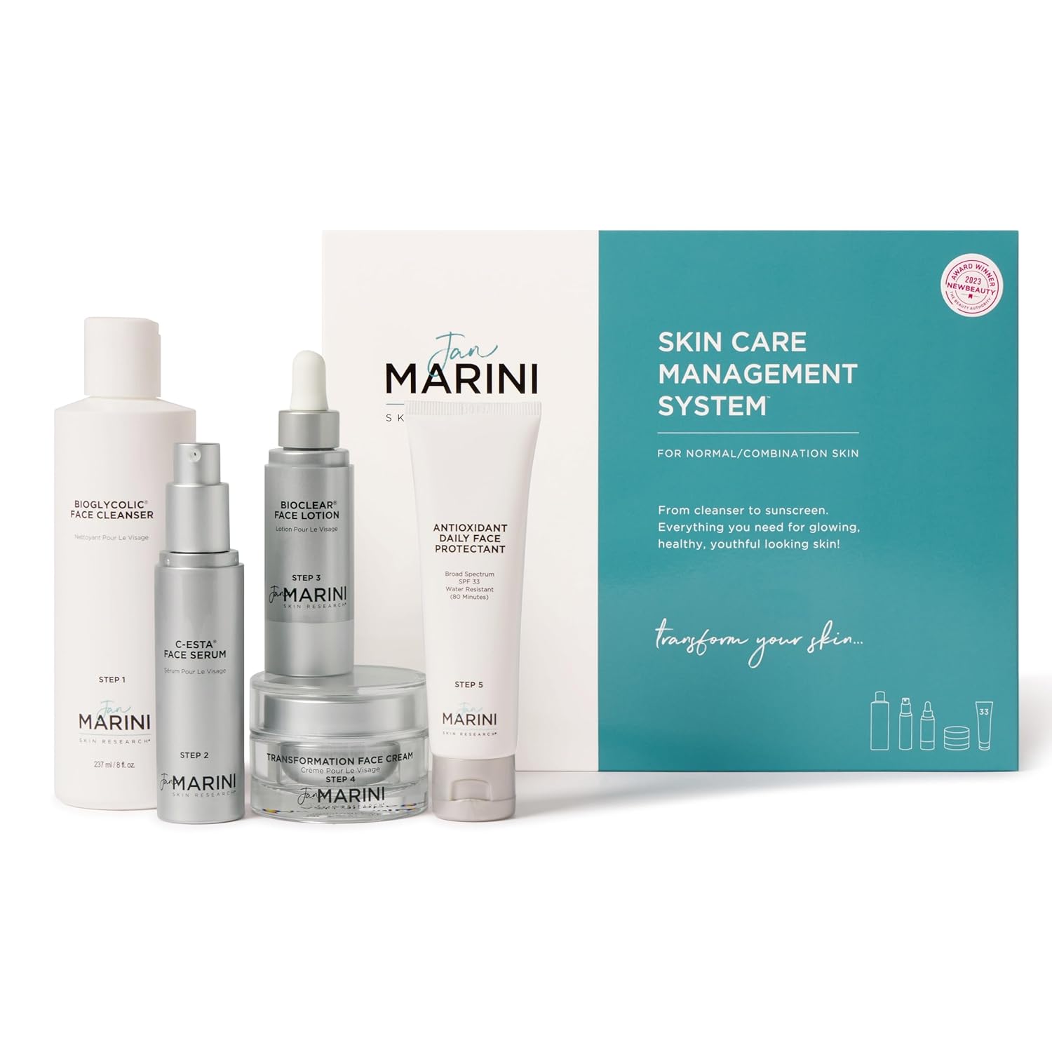 Jan Marini Skin Research Skin Care Management System - Face Care Products with Tinted Daily SPF 33 Sunscreen - Face Kit with Bioglycolic Face Cleanser - Normal/Combo