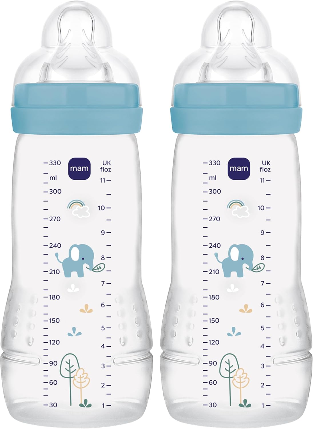 MAM Easy Active Bottles | 2 Pack (2 x 330ml) | Fast Flow MAM Teats Size 3 | Baby Accessories | Blue (Various Designs)