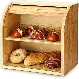 G.a HOMEFAVOR Bread Box, 2 Layer Bamboo Bread Boxes for Kitchen Food Storage, Large Capacity Bread Keeper Roll Top with Removable Layer, 15" x 9.8" x 14.2", 15 mm Thickness (Self-assembly)