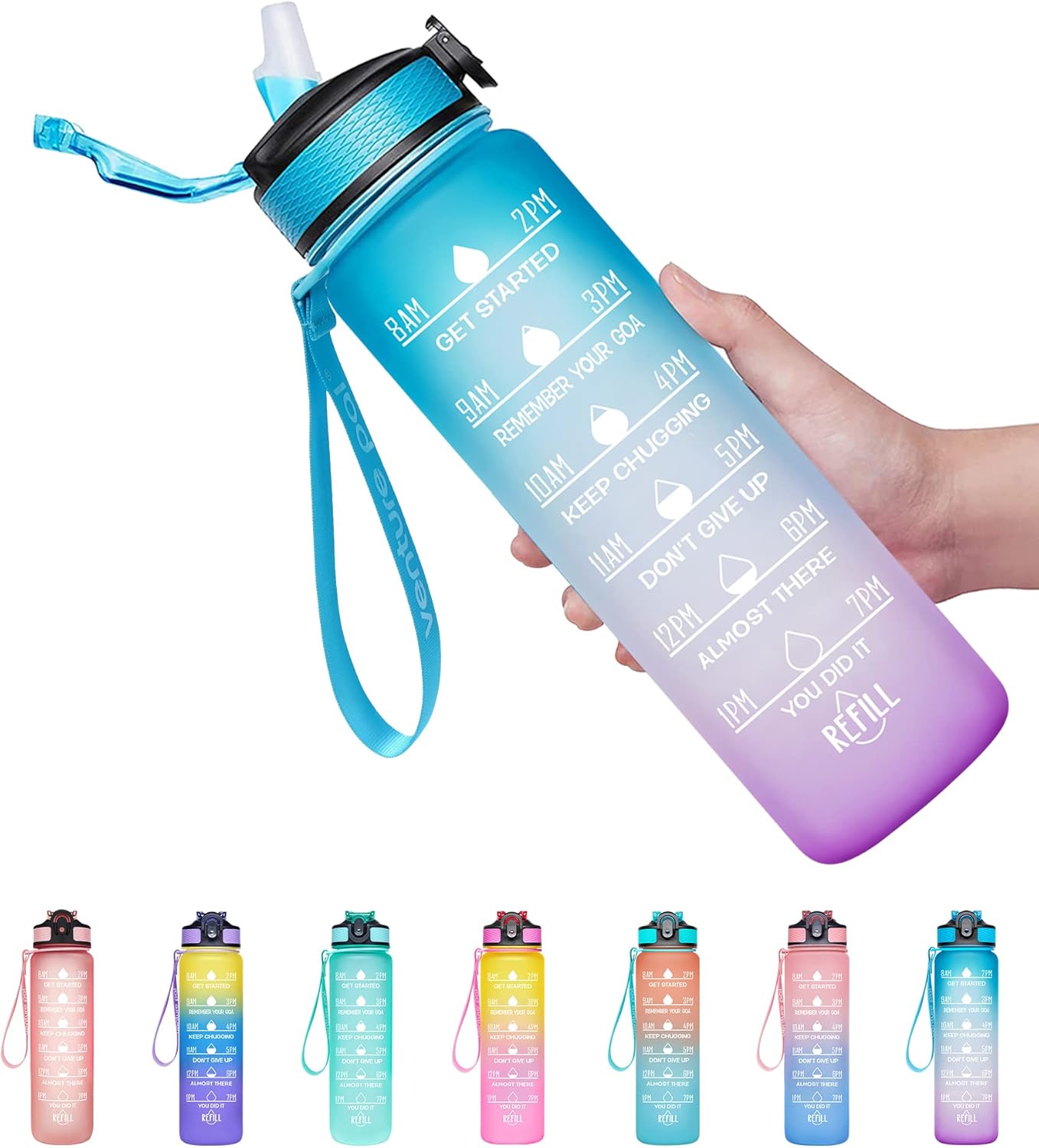Venture Pal 22oz/32oz Motivational Water Bottle with Time Marker, Carry Strap and Silicone Straw - BPA Free, Leak Proof, Wide Mouth - Perfect for Fitness and Outdoor Sports