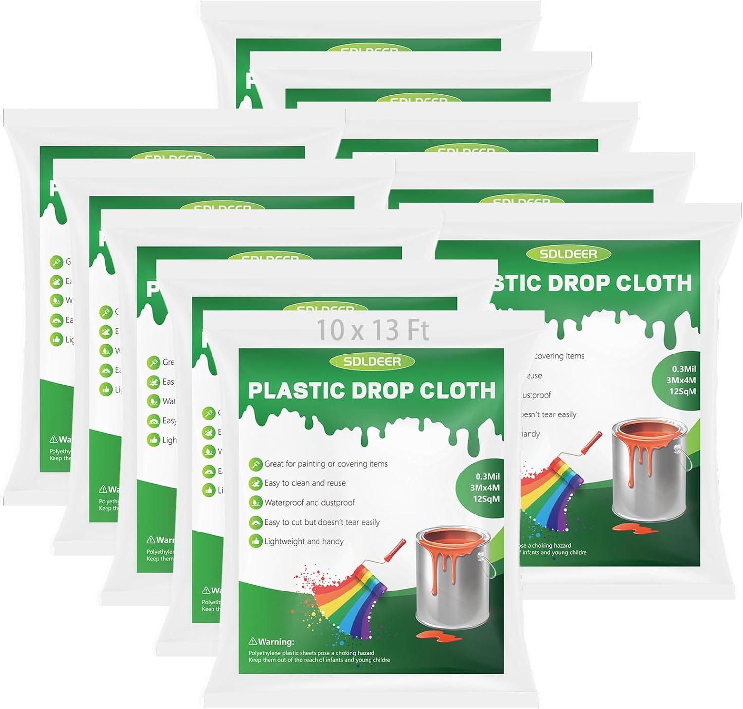 10 Pack Plastic Drop Cloth for Painting, 10 x 13 Ft Waterproof and Dustproof Clear Painters Plastic Sheeting, Paint Plastic Covering Disposable for Furniture and Floors