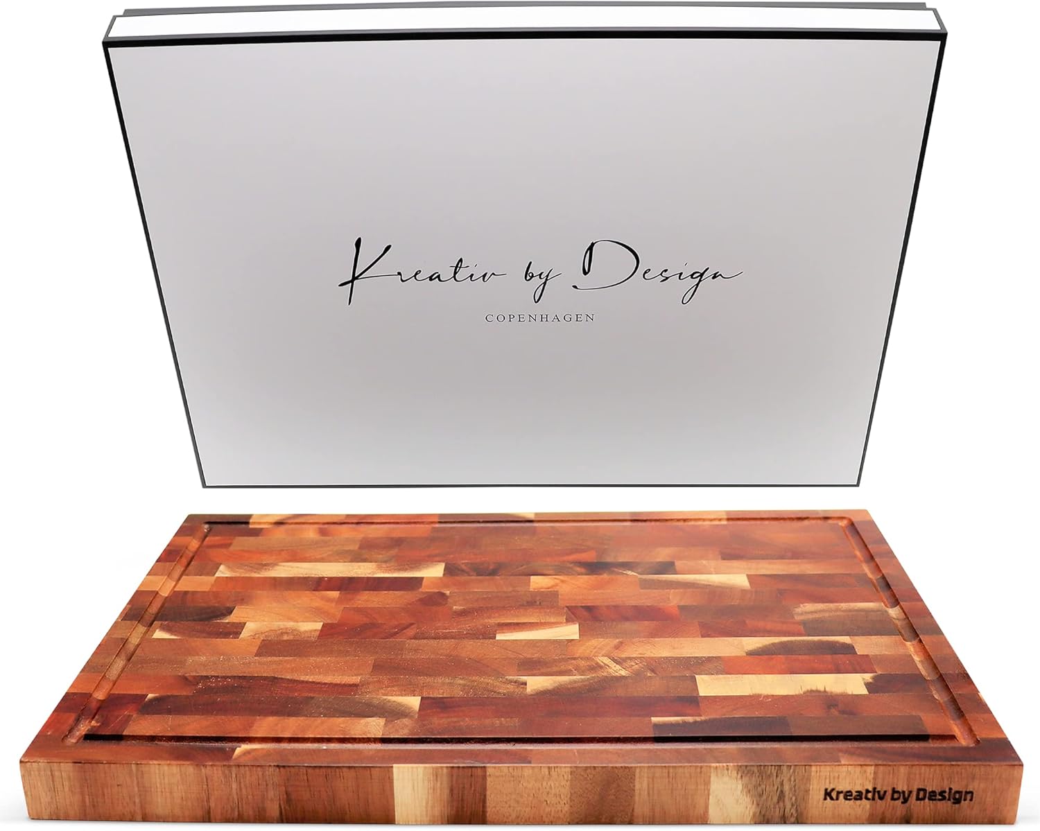 KREATIV BY DESIGN Grain Acacia Wooden Chopping Board 42 x 27.4 x 3cm with Juice Groove | Large Thick End Knife-Friendly Butchers Block | Wood Chopping Board for Meat, Cutting Vegetables and Cheese