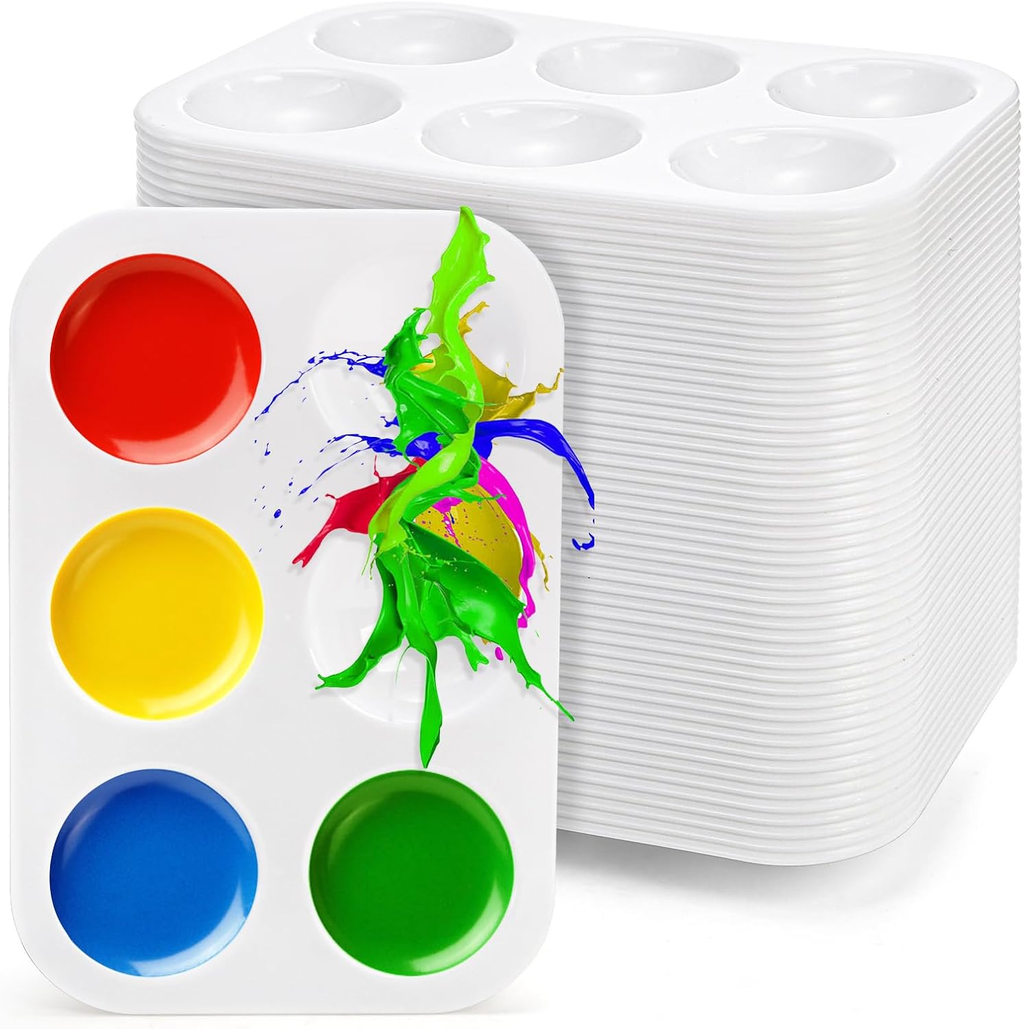 Cedilis 50 Pack White Art Paint Tray Palette, Rectangular Plastic Paint Tray for Kids, Adult, Student Watercolor Craft DIY Art Painting, 6 Wells, Easy to Clean