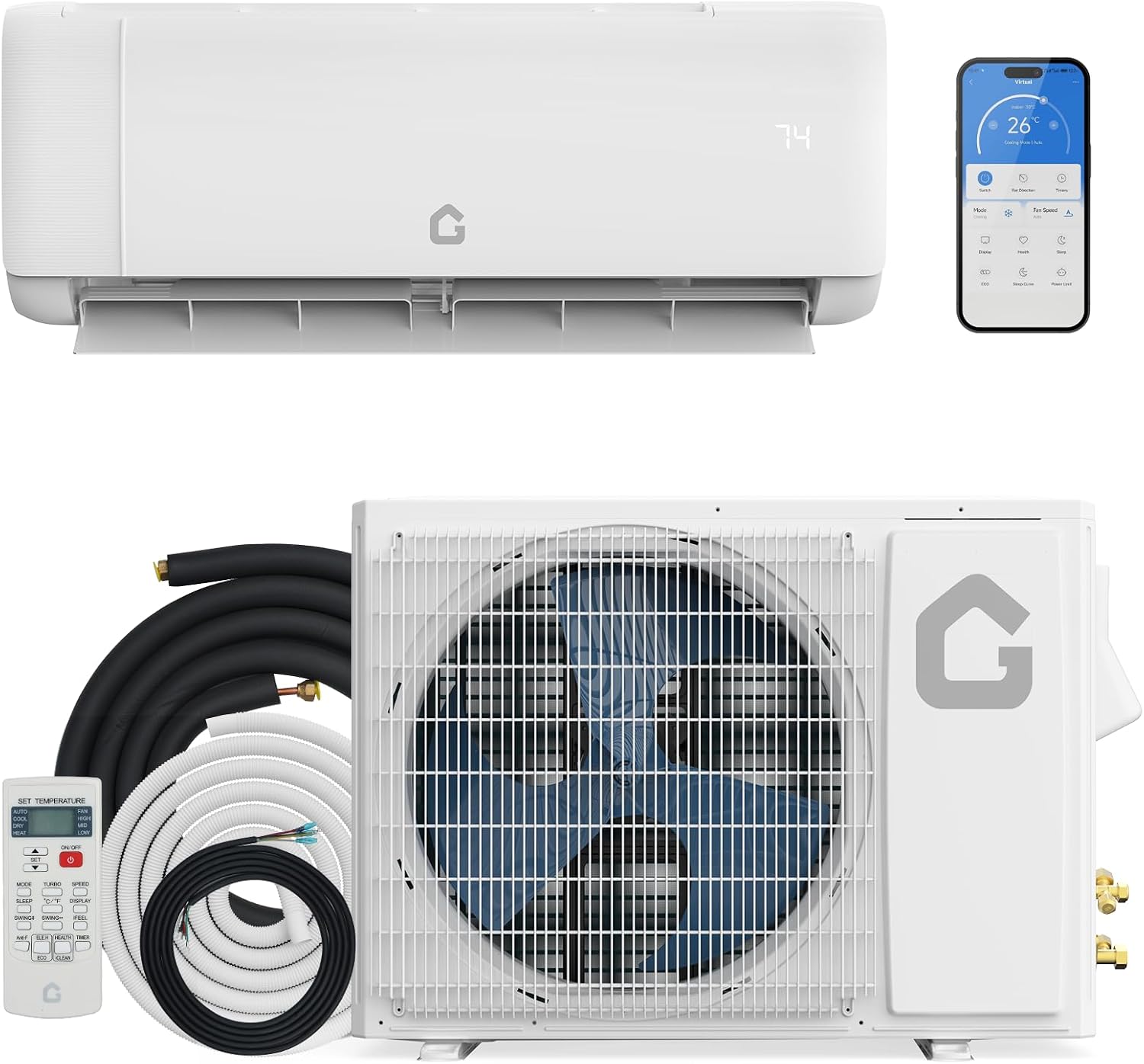 GarveeTech 12000 BTU Mini Split Air Conditioner,22 SEER2 Ductless Inverter AC w/ 115V, Cool Up to 750 Sq. Ft with Heat Pump System, Compatible with Alexa, White
