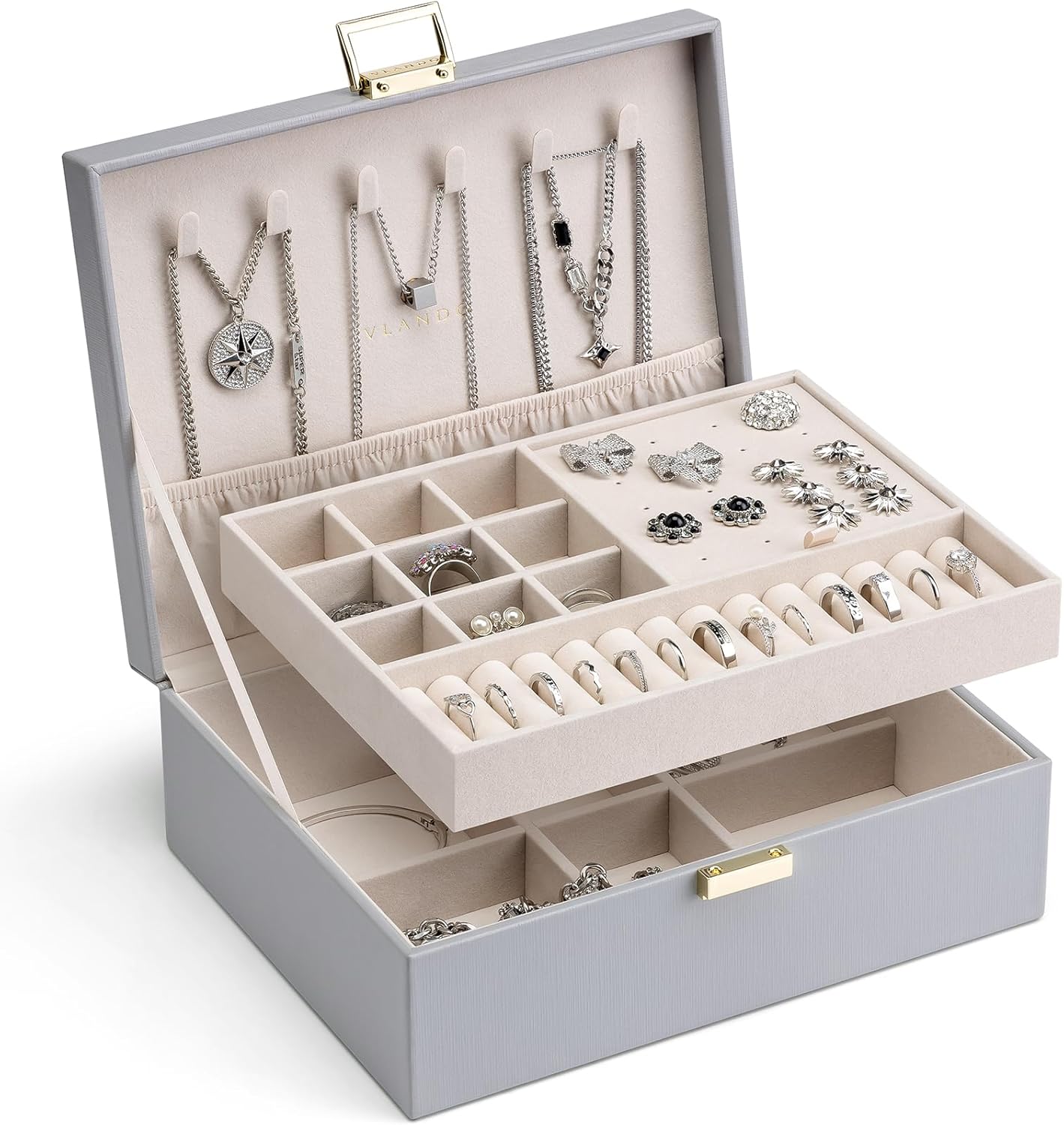 Vlando 2 Layer Jewelry Box Large Jewelry Organizer for Women Removable Jewelery Tray for Necklace Earrings Rings Bracelets Jewelry Boxes for Women Gift
