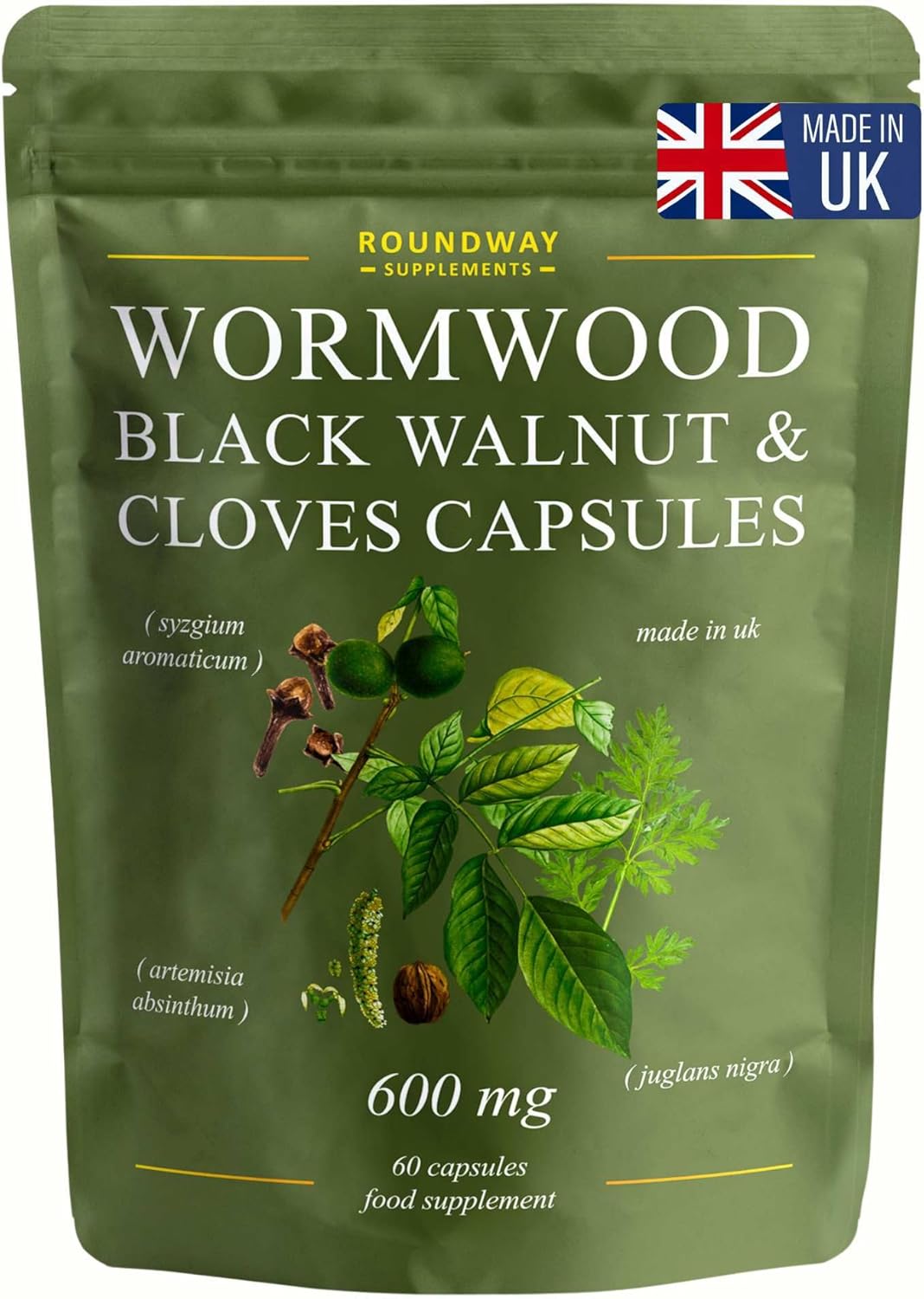 Wormwood Black Walnut and Clove Capsules | High Strength Supplement for Humans | 2 Months Supply | 60 Capsules, 600mg per Serving | Vegan Supplement and UK Made (Pack of 1)
