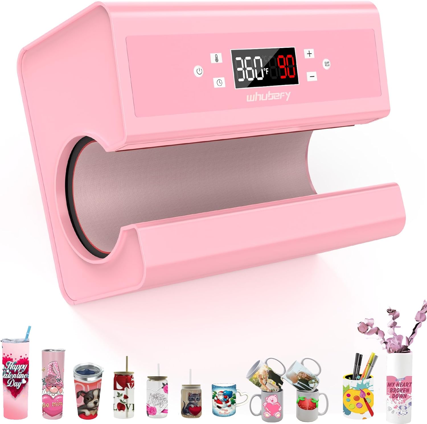 Whubefy Auto Tumbler Heat Press Machine, Pink Cup Heat Press Heating Even & Fast, Mug Press Machine for 10-30oz 2.9-3.34in with Starter Kit, Sublimation Machine for Tumbler Glass Jar, Can & Mugs