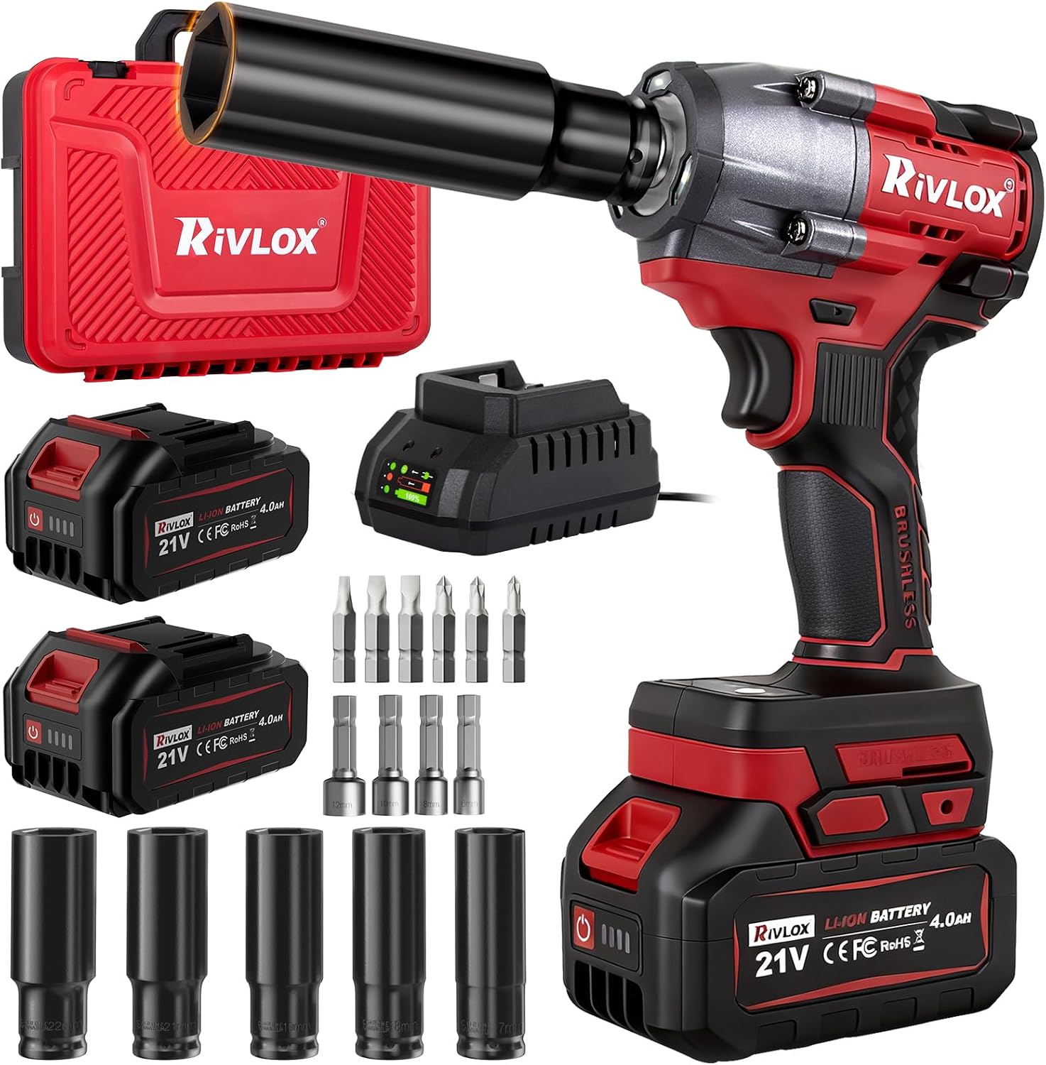 Cordless Impact Wrench 800N·m, 1/2inch Brushless High Torque Impact Driver, 2300rpm Impact Gun Kit with 2X 4.0Ah Battery & Charger, Sockets & Tool Case, for Car/Truck Car/DIY Furniture/Home