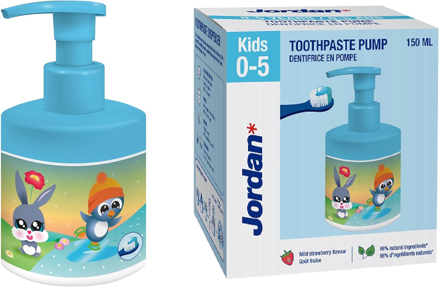Jordan ® | Kids Toothpaste Pump | Toothpaste on a Pump Dispenser Equivalent to 3 Regular Tubes | Innovative and Convenient Solution Developed for Children | 0-5 Years | Strawberry | 1000ppm | 150 ml
