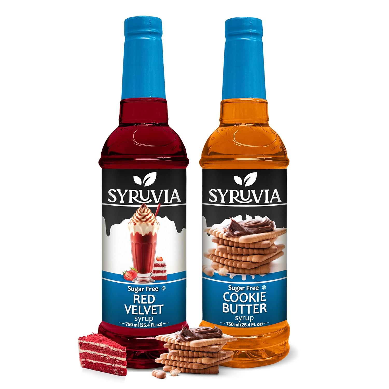 Syruvia Sugar-Free Cookie Butter & Sugar-Free Red Velvet Syrup - 25.4 fl oz. Premium Coffee Flavoring Syrup. 0 Calories, Kosher, and Gluten-Free. Perfect for Drinks, Sodas, Shakes, Desserts, and More.