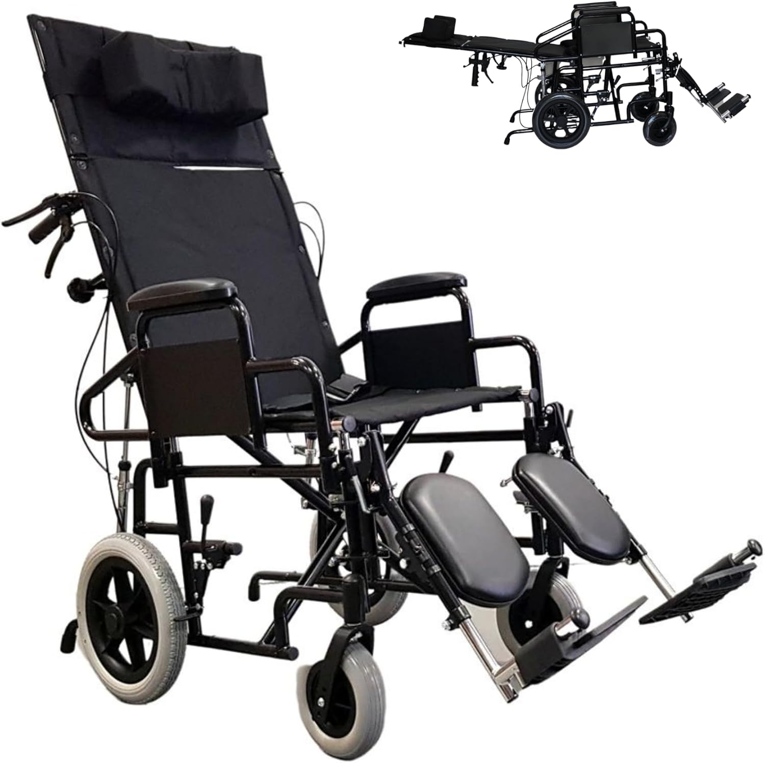 Reclining High Back Folding Transit Wheelchair with Head Support, U-GO Serenity Recliner Attendant Propelled Wheelchair with Headrest & Elevating Leg Rests, Recline up to 170°, Seat Width (18")
