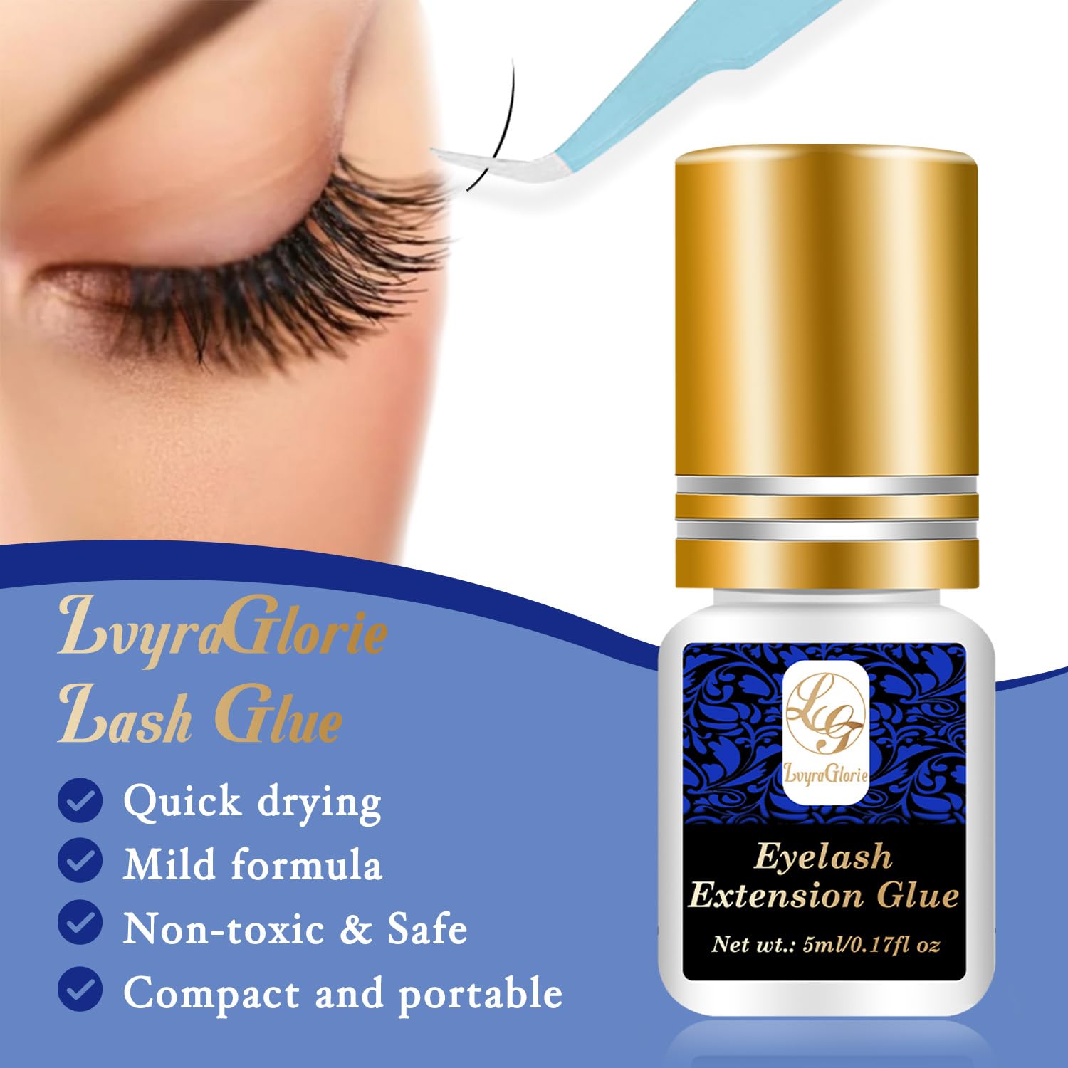 Lash Glue, Eyelash Extension Glue, Lash Cluster Glue for Lash Extensions, 5ml Professional Black Waterproof Strong Individual Lash Adhesive for Sensitive Eyes, Long Lasting DIY Glue Kit