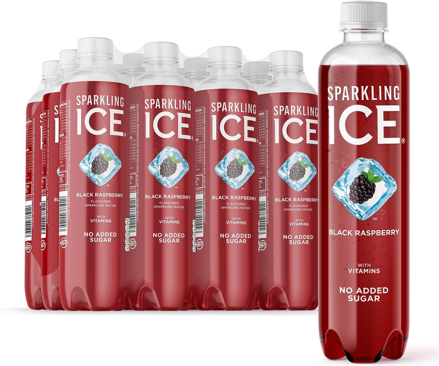 Sparkling Ice, Black Raspberry Flavored Sparkling Water - Contains Vitamins- Only 12 calories- No Added Sugar - No Carbs (12 x 500ml Bottles)