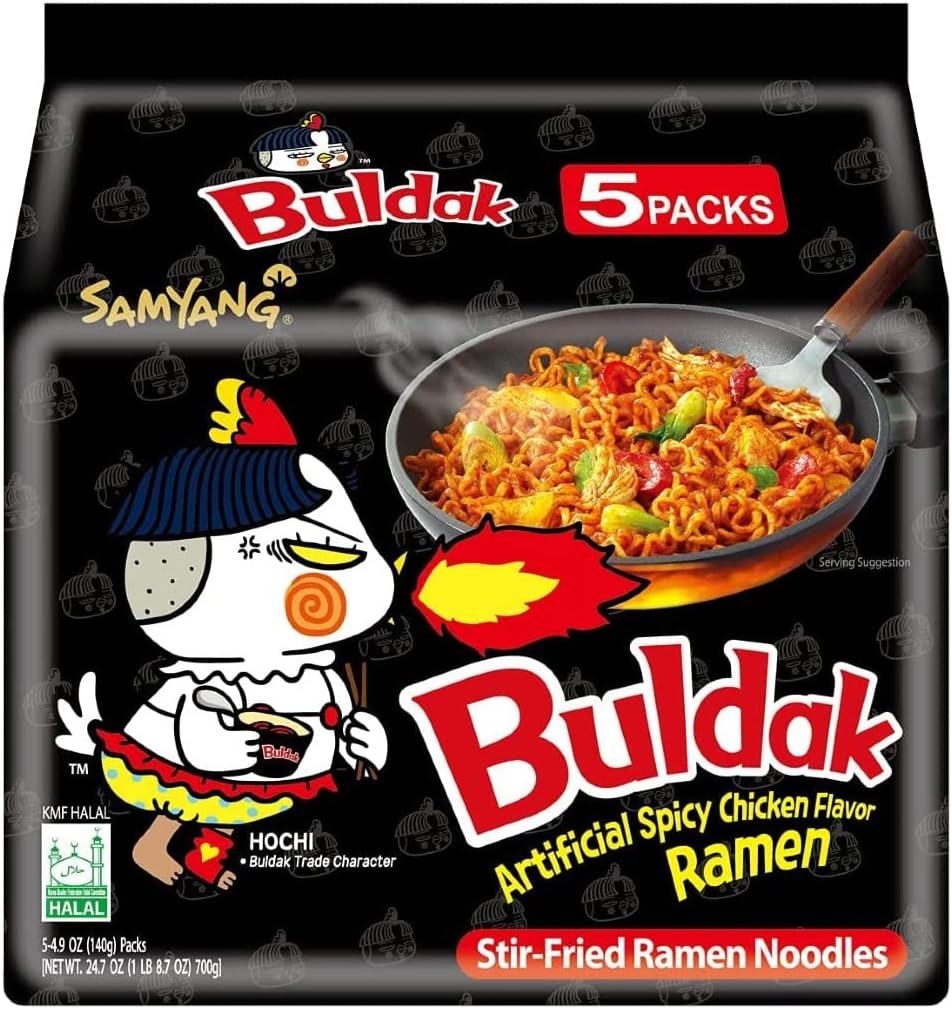 Korean Buldak Noodle Set - Hot Chicken Flavour Korean Style Instant Ramen Spicy Challenge Halal 140g (Pack of 5)