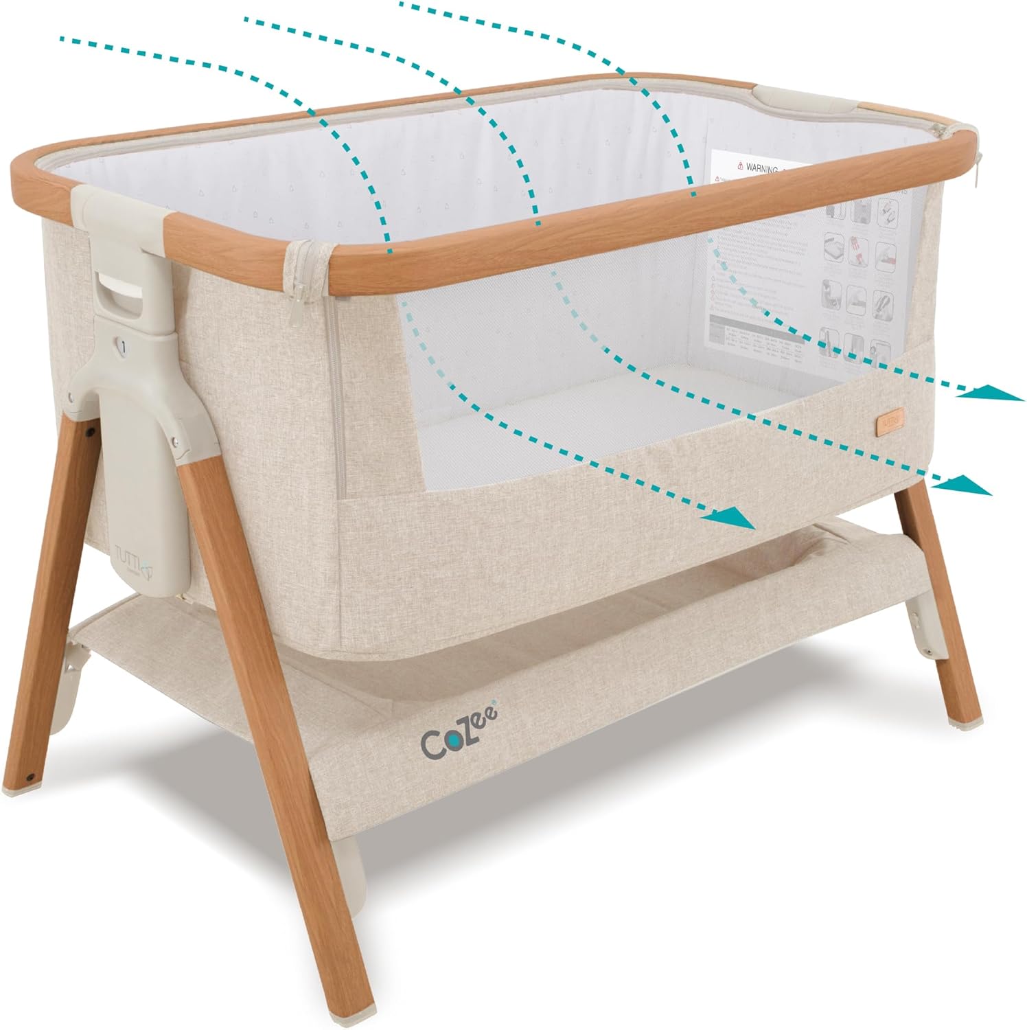 Tutti Bambini CoZee® 2-in-1 Baby Bassinet & Bedside Sleeper - Fast-Folding Bedside Bassinet, Baby Crib with 6 Mattress Heights & Breathable Mesh Window, Mattress Included, 0-6 Months (Walnut & Ecru)