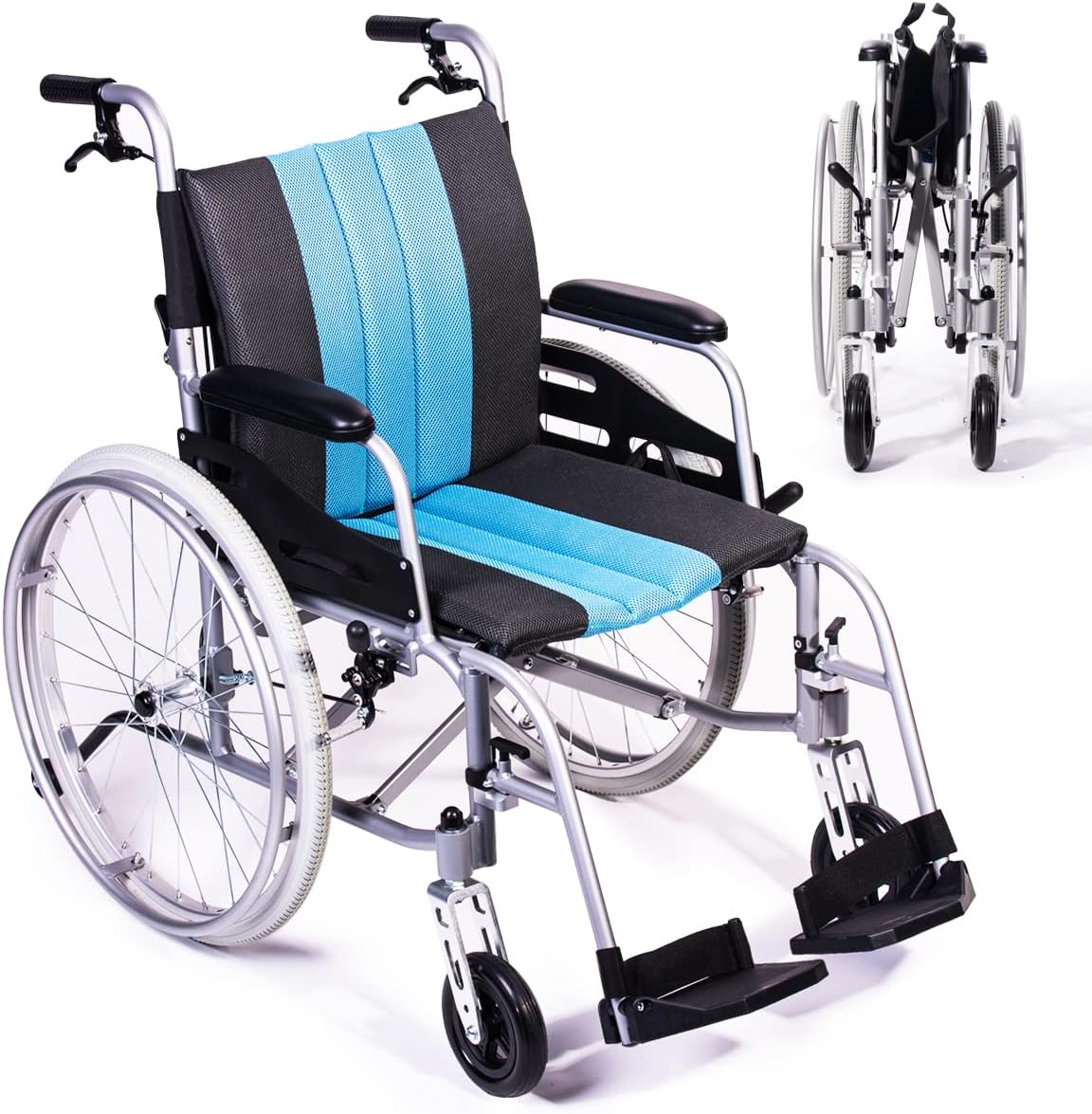 Lightweight Wheelchair 21lbs Self-propelled Chair with Travel Bag and Cushion, Portable 17.5” W Seat, Brake, Anti-Tipper, Swing-Away Footrests, 220lbs Weight Capacity, Blue (Pack of 1)