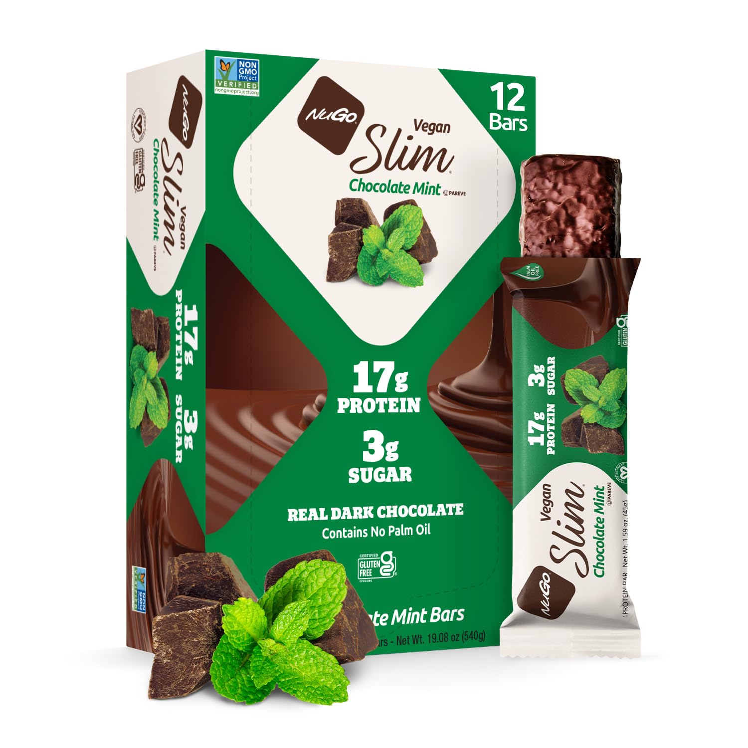 NuGo Slim, Chocolate Mint, 17g Vegan Protein Bar, Gluten Free, 12 ct