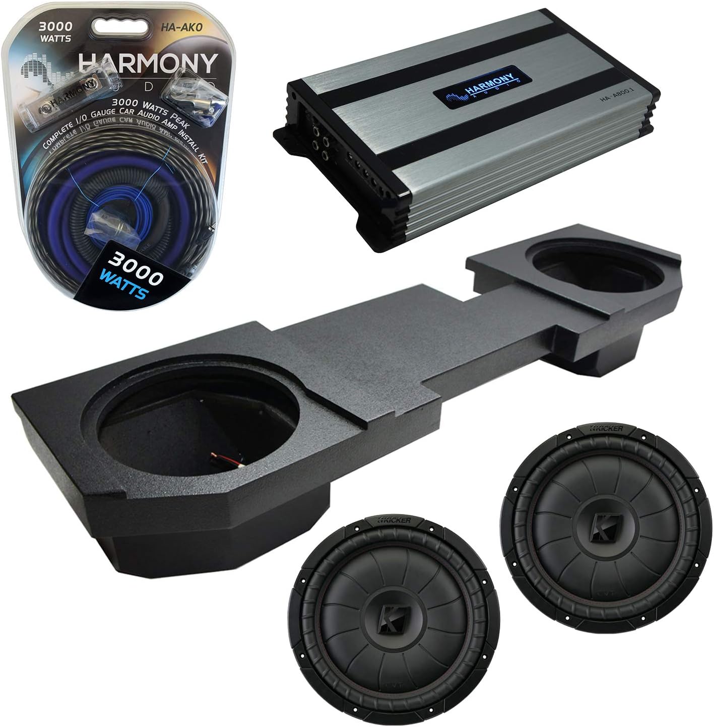 Compatible with 2002-2018 Dodge Ram Quad Crew Kicker Bundle CompVT CVT12 Dual 12" Rhino Coated Sub Box Harmony HA-A800.1