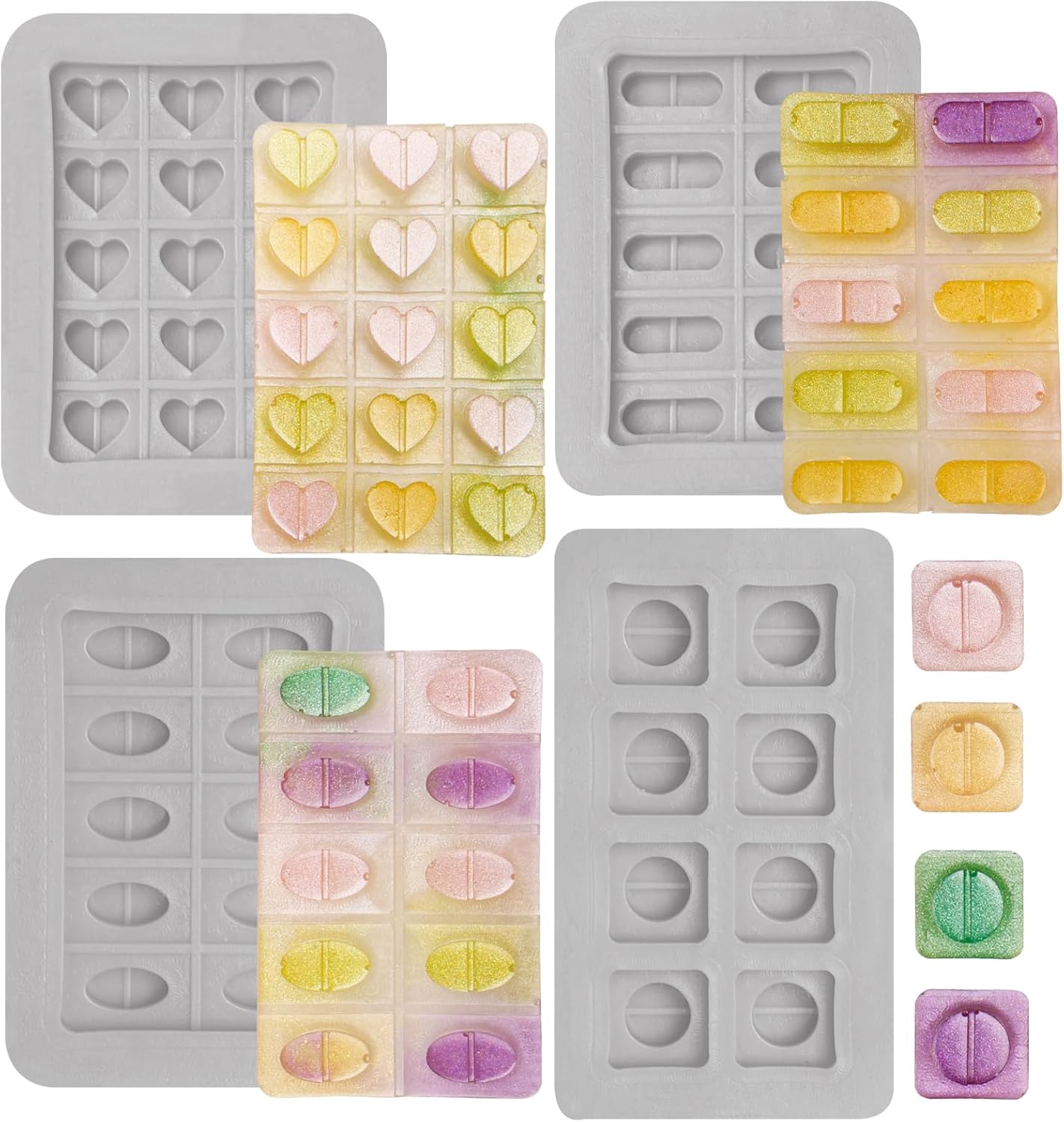 4 Pcs Pill Molds for Making Pills, Medical Tablets Capsule Fondant Silicone Molds, Round Love Heart Shaped Pill Chocolate Baking Mold for Nurse Day Graduation Cake Decoration Cupcake Topper Candy Clay