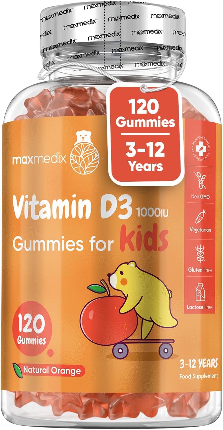 Vitamin D Gummies Kids 1000IU - Natural Orange Flavour Gummies - 4 Months Supply (120 Vitamin D3 Gummies) - One A Day - for Kids 3-12 Years - Vegetarian, Non-GMO & Gluten-Free Vitamin D
