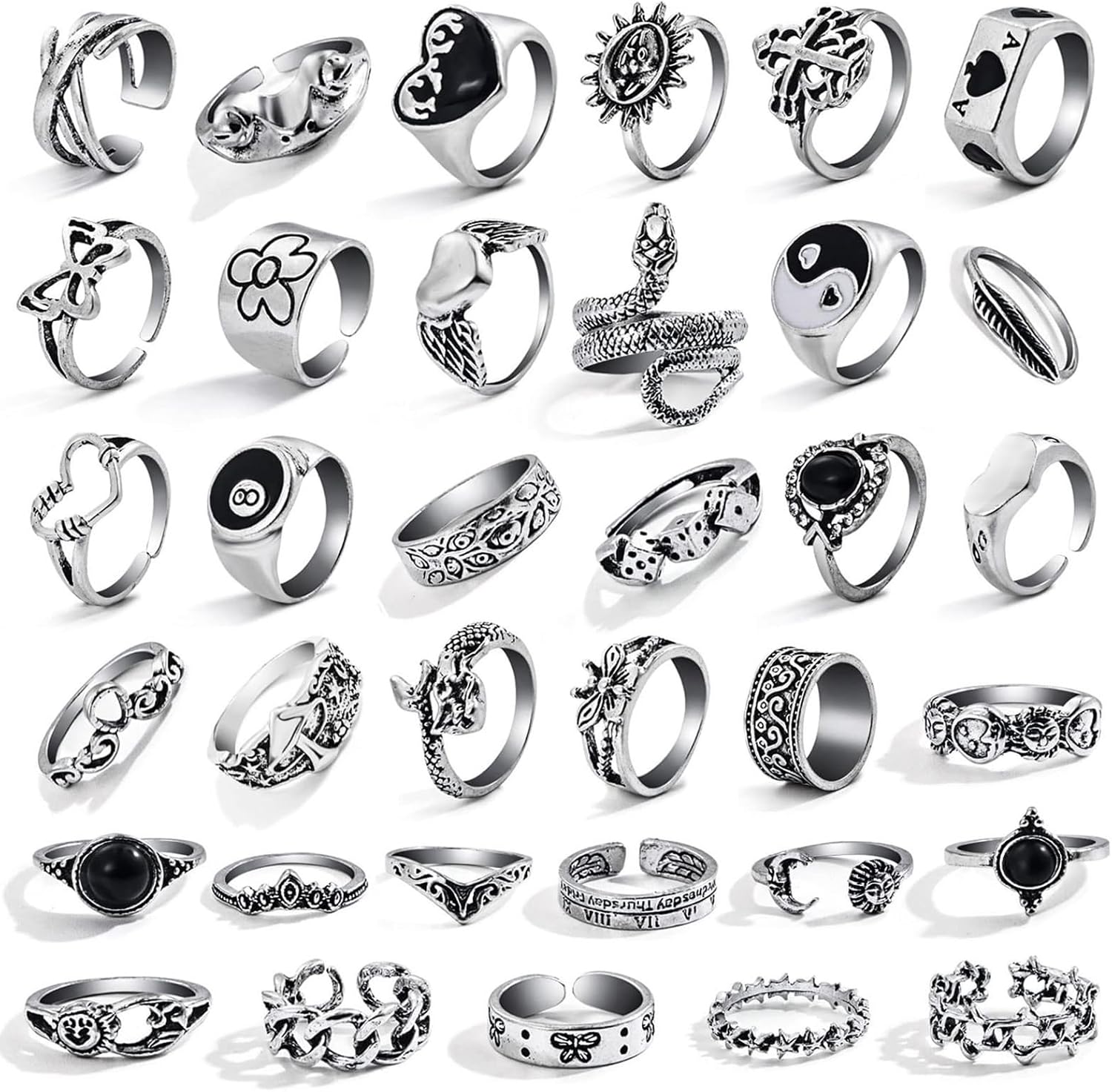 17IF 26-35 Pcs Vintage Silver Knuckle Rings Set for Women Men, Grunge Gothic Rings Chunky Aesthetic Snake Stackable Adjustable Punk Bulky Finger Alt Fairy Skull Frog Heart Star Flower Midi Ring Pack