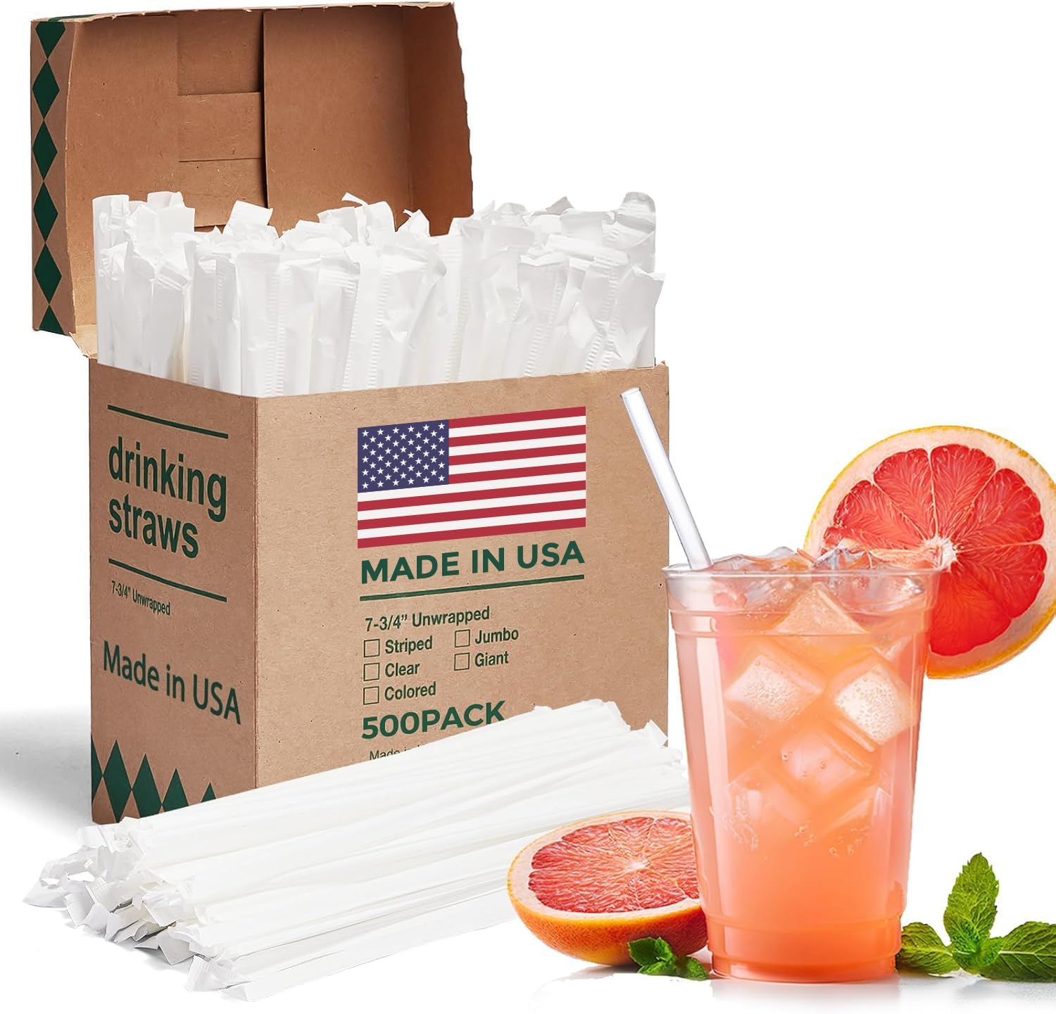 Glotoch Express 500PCS Individually Wrapped Clear Plastic Straws, 7.75'' Long, 0.24'' Diameter Disposable Drinking Straws for Every Occasion, Party, Made in USA