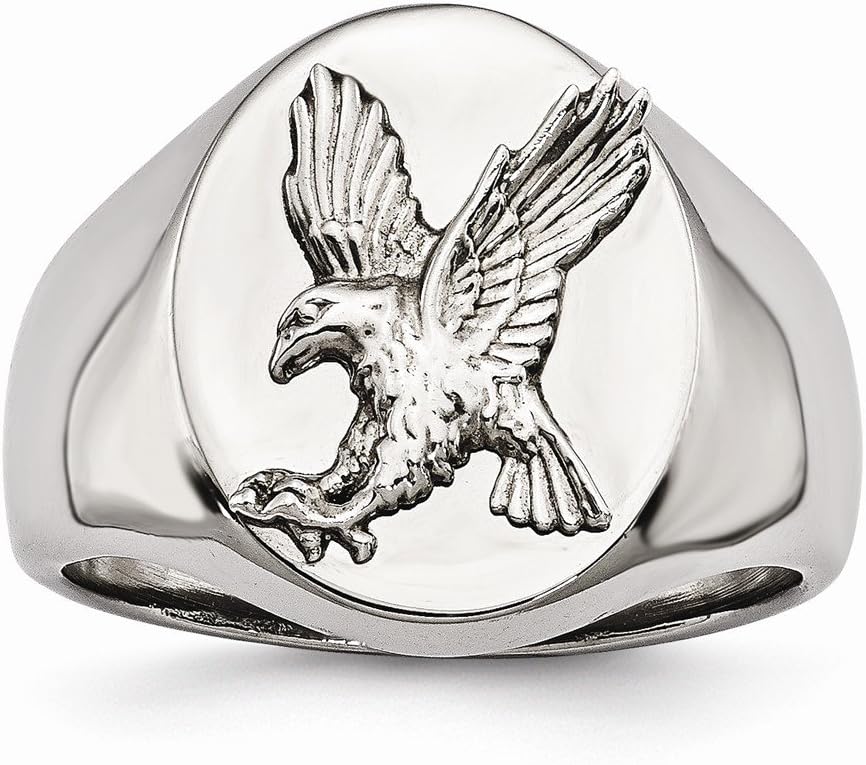 Solid Stainless Steel Polished W/Sterling Silver Rhodium-Plated Eagle Ring