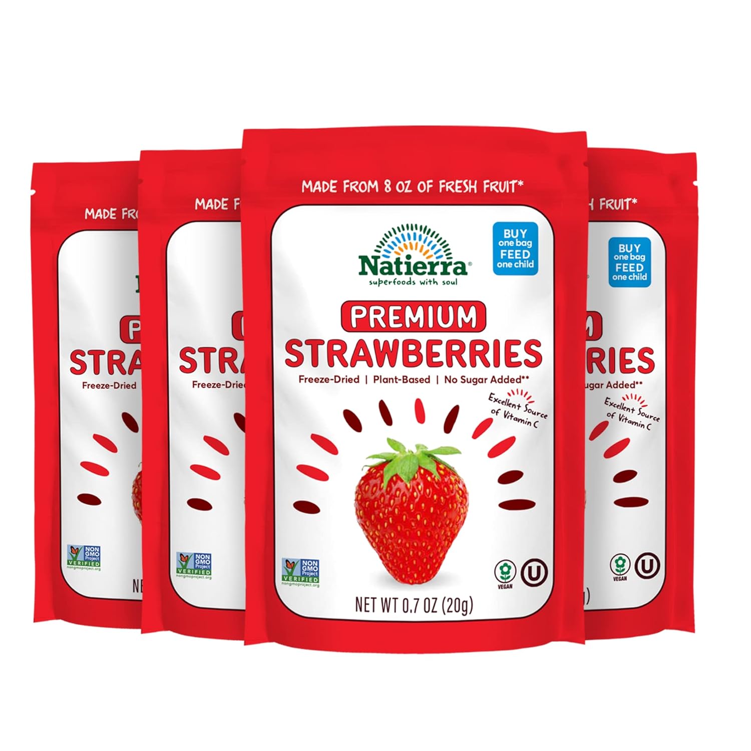 NATIERRA Premium Freeze-Dried Strawberries | Non-GMO & Vegan | 0.7 Ounce (Pack of 4)