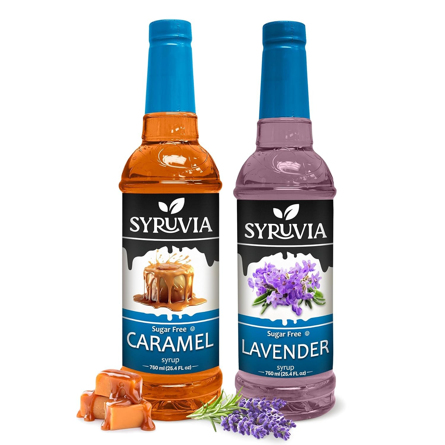 Syruvia Sugar Free Caramel & Sugar-Free Lavender Syrup - 25.4 fl oz Premium Coffee Flavoring Syrup. 0 Calories, Kosher, and Gluten-Free. Perfect for Drinks, Sodas, Shakes, Desserts, and More.