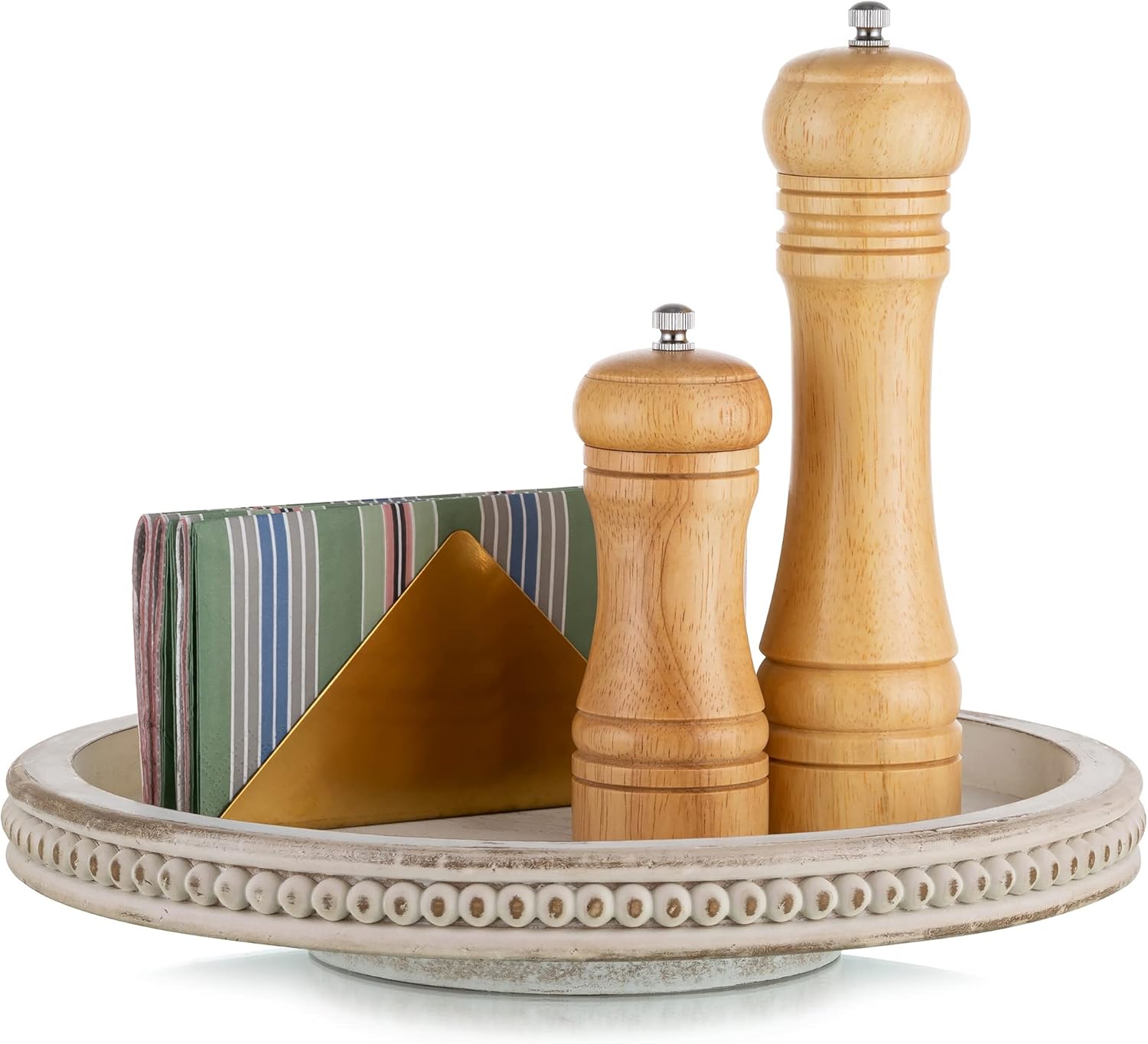 Lazy Susan Organizer Wooden Turntable: Hanobe White Round Wood Trays 12" for Decorative Kitchen Counter Coffee Table Home Decor with Beaded Spice Spinner