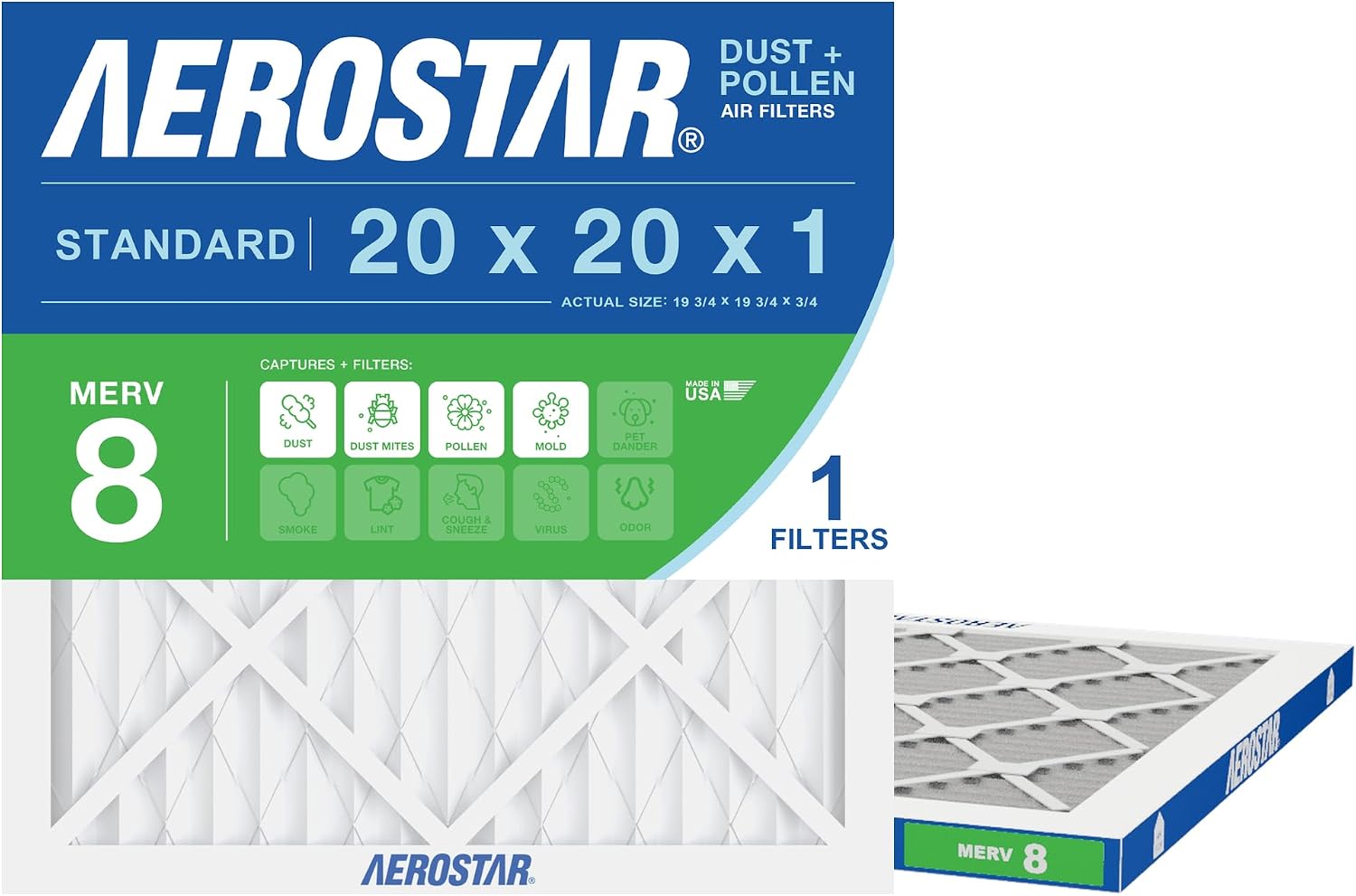 Aerostar Air Filter 20x20x1 MERV 8 AC Filter, Furnace Filter, 12 Pack