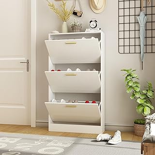 Narrow Shoe Storage Cabinet, Shoe Cabinet for Entryway with 3 Flip Drawers, Wood Hidden Shoe Storage, Freestanding Shoe Organizer for Hallway, Bedroom, Apartment, White